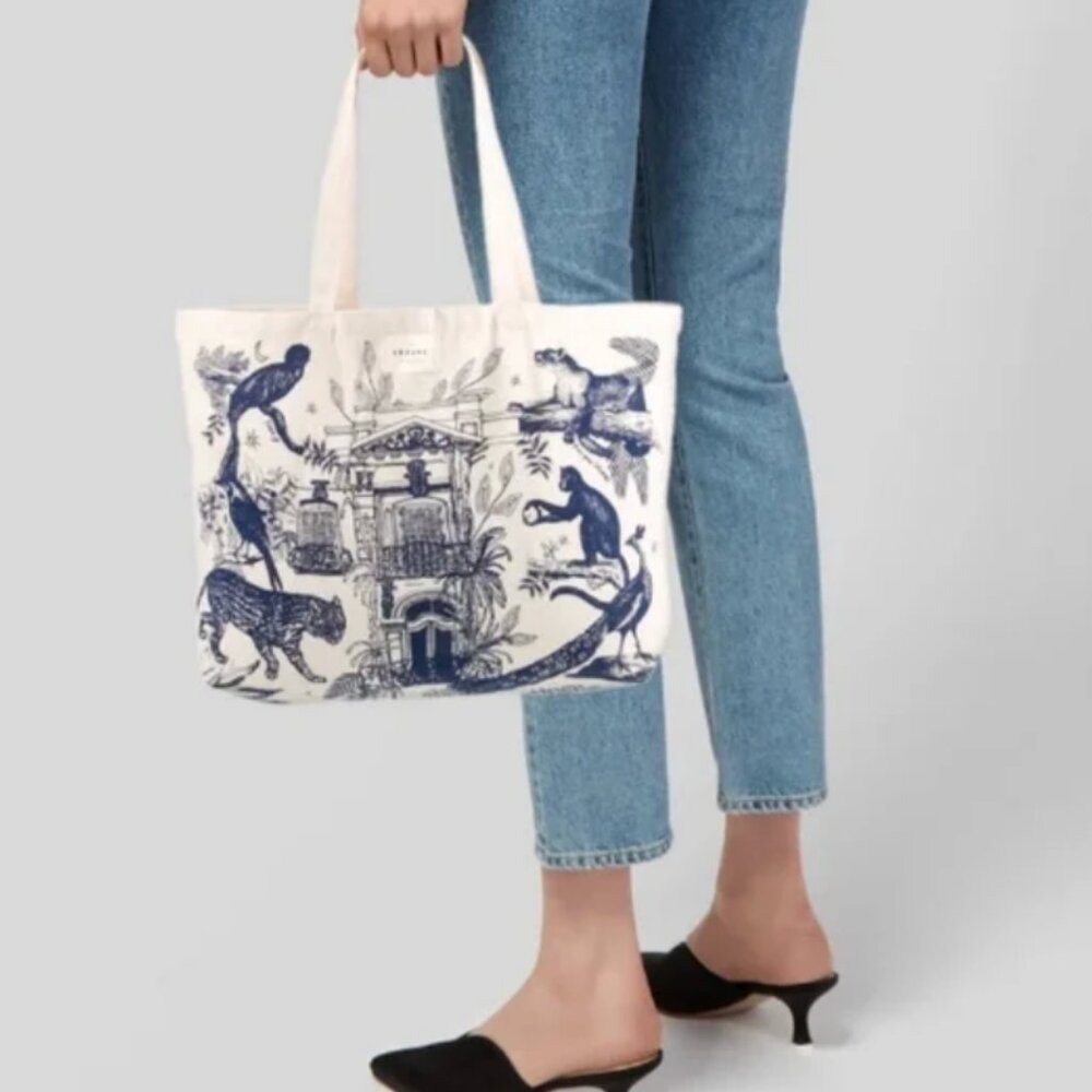 Brand new blue cream Sézane jungle animal print canvas tote bag book carrier